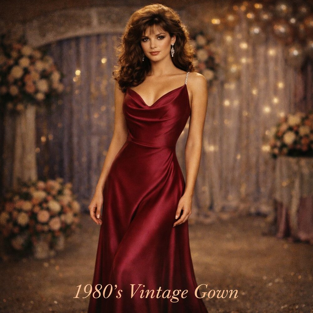 Vintage 1980s Burgundy Satin Rhinestone Strap Gown Handmade Formal Prom Dress